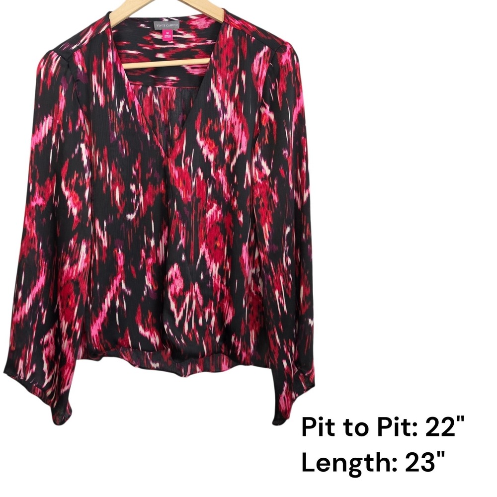 Vince Camuto Blouse M Pink Black Ikat Draped V Neck Long Sleeve Wrap Front Top - Picture 2 of 8